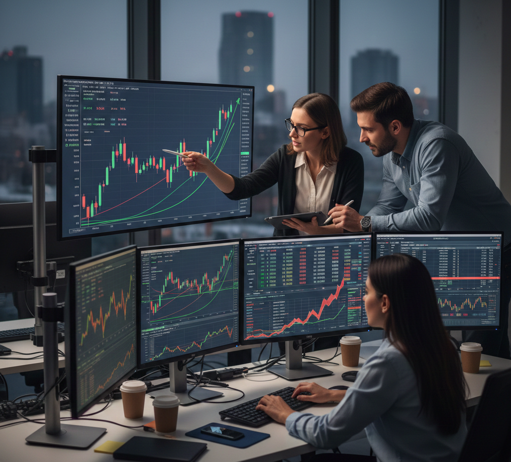 Equipo de analistas financieros estudiando datos de capital en computadoras con gráficos de tendencias del mercado de commodities