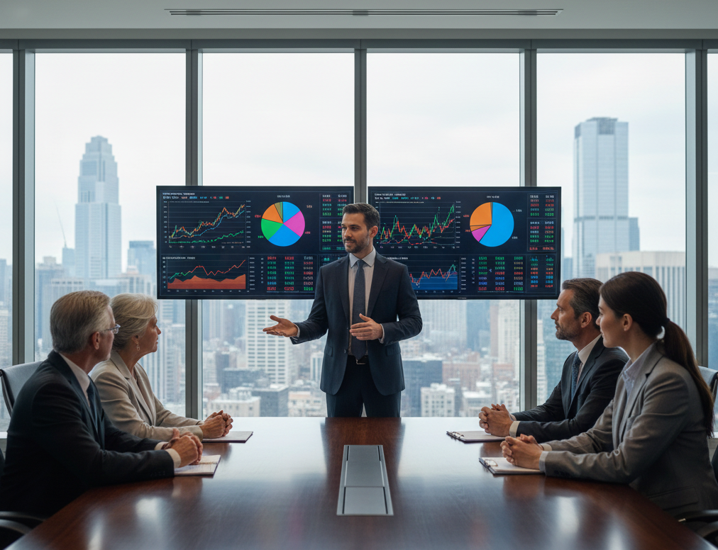 Profesional asesorando a una familia empresarial sobre estrategia financiera en una sala de reuniones moderna con gráficos de datos en las pantallas