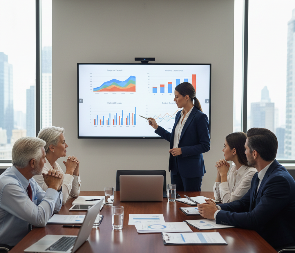 Asesor financiero presentando un plan de inversiones a una familia empresarial con gráficos de crecimiento en una mesa de reuniones
