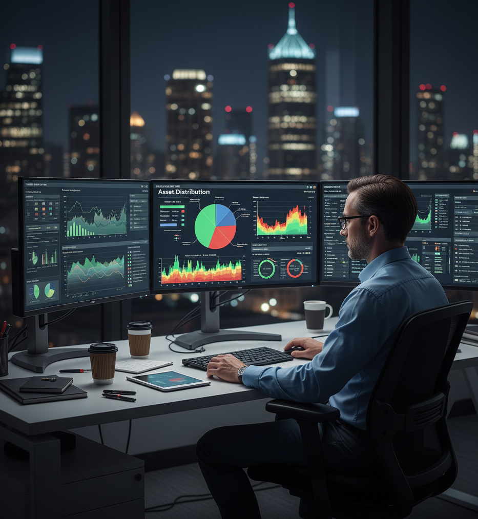 Analista de riesgos con dashboard de datos mostrando distribución de activos y matrices de riesgo en múltiples monitores